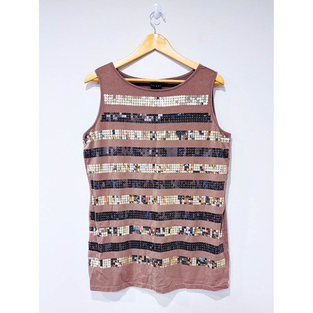 TRIBAL Taupe sequin tank top | Stretch shimmer party | Large